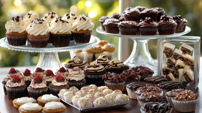 A variety of desserts, including cupcakes, cookies, and pastries, displayed on a dessert table - Powered by Adobe