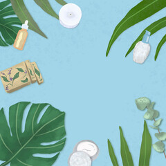Spa day background with leaves and natural cosmetic products self care