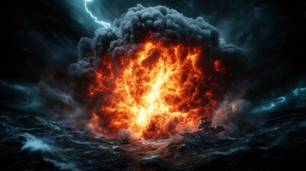 Fiery Inferno at Sea Dramatic Explosion in a Stormy Ocean