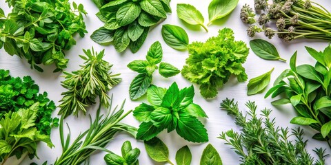 Obraz premium Fresh Herbage on White Background - Vibrant Drone Photography of Culinary Herbs, Aromatic Greens, Organic Produce, and Natural Ingredients for Healthy Cooking and Lifestyle