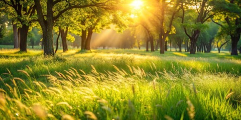 Golden sunlight streams through the leaves of trees illuminating a vibrant green meadow with tall grass swaying gently in the breeze.