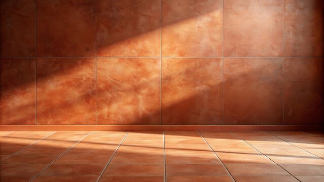 Sunlit terracotta tiled room with wall and floor