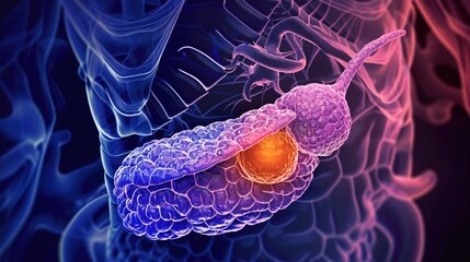 Pancreatic cancer cells depicted in a way that shows their complex and menacing nature. The microscopic view reveals their abnormal growth patterns