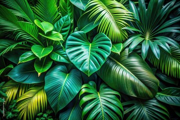 Lush Tropical Leaves in Green Shades with Natural Light on Jungle Floor - Perfect for Nature and Jungle-themed Projects