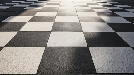 Sunlit black and white checkered pavement.