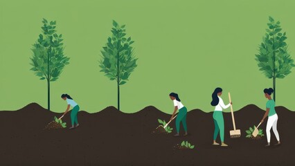 An illustration of people planting trees for environmental awareness.
