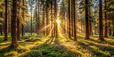 Obraz premium Golden sunbeams illuminate a serene forest floor, wildflowers bathed in morning light