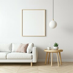A minimalist living room with a white sofa, neutral cushions, a wooden side table with a potted plant and cups, and a blank square picture frame on the wall.