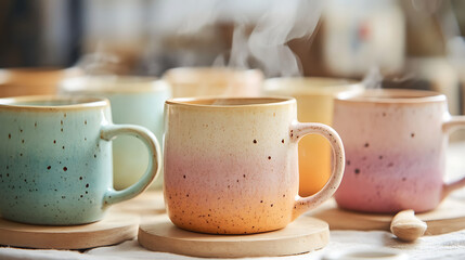A set of handmade ceramic mugs with pastel tones, steaming with hot drinks 