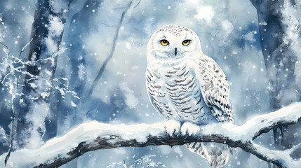 Alert snowy owl with intense gaze perched on branch against winter forest background watercolor painting. Silent Snowy Woods. Illustration
