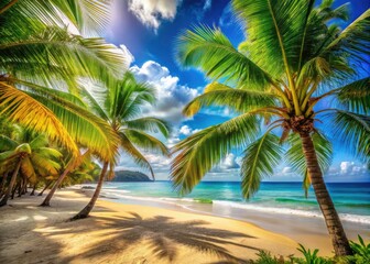 Fototapeta premium Serene Tropical Beach with Palm Trees, Crystal Clear Sea, and Golden Sand - Perfect Paradise for Relaxation and Adventure