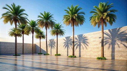Shadow Play: Palm Trees Casting Silhouettes on Textured White Stone Wall for Landscape Photography Inspiration