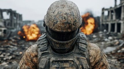 Fototapeta premium Mud-Covered Soldier in War-Torn Cityscape
