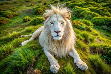 Stunning Aerial Portrait of a Majestic White Lion in Natural Habitat - Drone Photography Showcase Wildlife Beauty and Rare Species Conservation