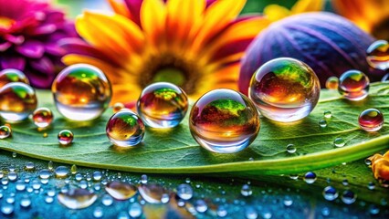 Naklejka premium Stunning Panoramic Photography of Basic Water Drops on Various Surfaces, Capturing Nature's Beauty and Intricacies in High Resolution for Nature Lovers and Photographers
