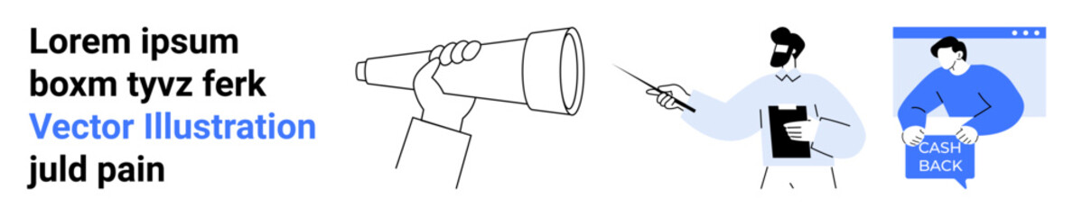 Man holding clipboard, person with cash back on tablet, and hand with telescope. Ideal for business planning, market research, customer feedback, financial presentations, strategic planning