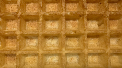 A golden waffle showcasing its square grid pattern and crispy texture