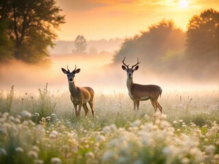 Naklejka premium Two Deer Standing in a Misty Field: Serenity in Nature - Captivating Wildlife Photography, Tranquil Landscapes, Majestic Animals, Peaceful Outdoor Scenes, Nature's Beauty