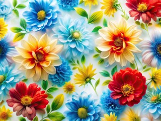 Fototapeta premium Vibrant Floral Background Design with Long Exposure Effects Featuring Blooming Blue, Red, and Yellow Petals on Light Green Leaves Against a White Canvas
