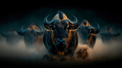 Naklejka premium Wildebeest Herd in Motion Majestic African Antelope Running Through Dust
