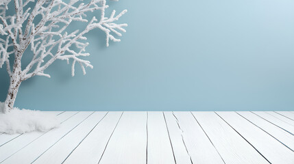 Tranquil Winter Wonderland with Snowy Blue Backdrop and Wooden Flooring