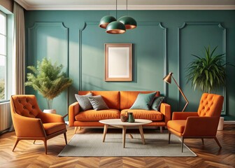 Fototapeta premium Vintage Scandinavian Interior Design: Modern Living Room with Teal Armchairs and Orange Sofa, Blank Mock-Up Frame, Cozy Atmosphere, Stylish Decor, Timeless Elegance