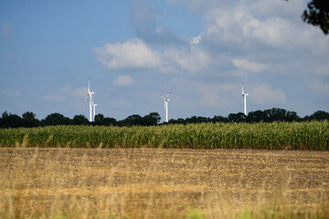 Wind power technology. Eco energy. Wind turbines field. Wind turbine generating energy. Eco. Green electricity. Alternative energy. Generating Electricity. Wind generator power.