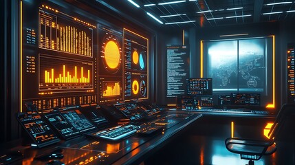 Data analytics dashboard futuristic office digital environment technology