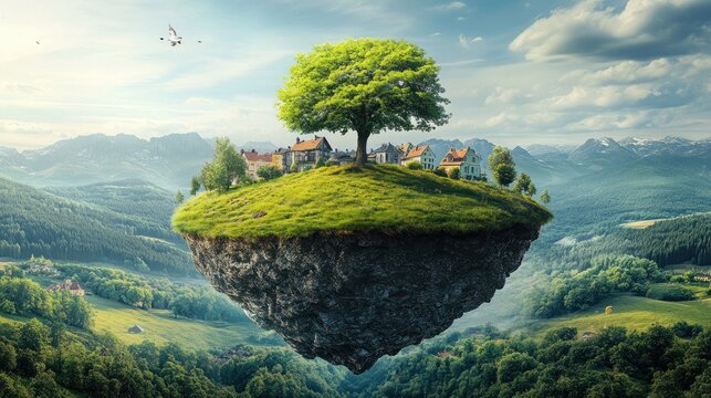 A surreal floating island with a village and a large tree amidst mountains and clouds.