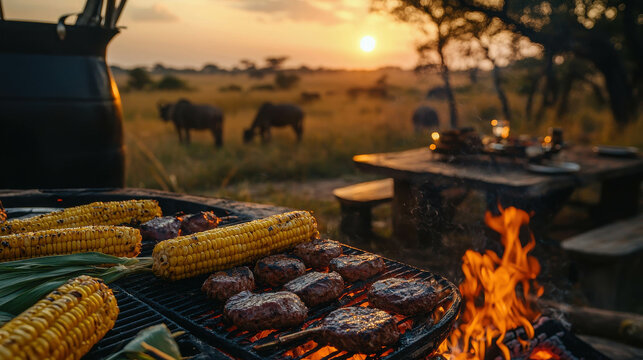 Traditional South African Braai Experience at Game Reserve with Sunset, Grilled Meat, Corn, and Wildlife in Background