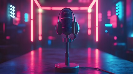 Podcasting session with retro microphone studio digital art neon lights