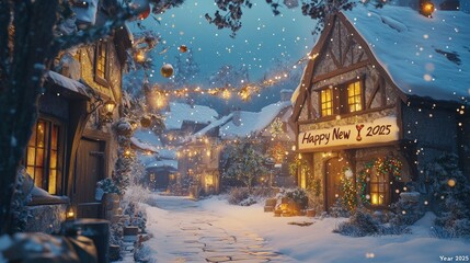 Ushering New Year 2025 showcased in a quaint village scene adorned with snow-covered rooftops and festive decorations, encapsulating a cozy and inviting atmosphere.