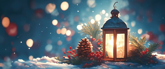 A Christmas lantern adorned with pine cones and holly berries glows warmly on a snowy backdrop, set against a blue background with bokeh lights, perfect for Christmas cards, holiday banners, posters