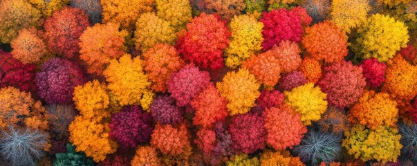 Vibrant Aerial View of Autumn Forest Canopy with Bright Orange, Red, Yellow, and Green Foliage Showcasing the Beauty of Fall Colors in Nature