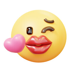 Kissing Yellow Face with heart and big red lips Emoji. Cute Cartoon 3D Happy Valentine's Day, Anniversary, Wedding, Love Concept.