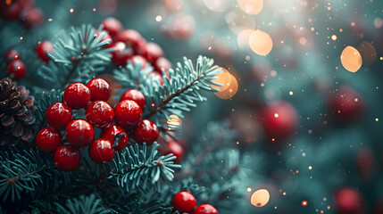 Festive Christmas Bokeh with Red Berries and Greenery