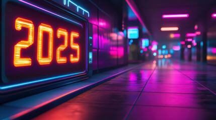 A futuristic hallway featuring neon lights and a digital clock showing the year 2025.