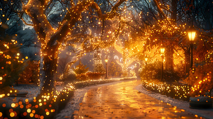 Festive Lights Wrapped Around Trees at Night