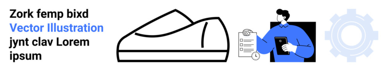 Outline of a shoe, person holding a checklist, gear symbol. Ideal for e-commerce, shopping, footwear, fashion, online retail, inventory management, customer satisfaction. Landing page