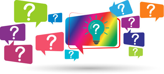 Speech bubbles with question marks symbols and light bulb icons. Solution or idea vector illustration.