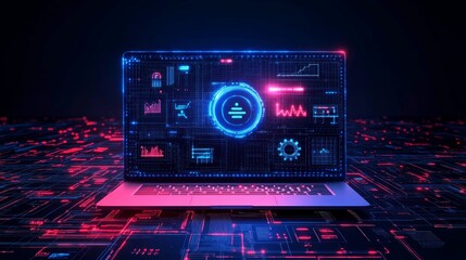 Fototapeta premium Futuristic laptop displaying digital data, graphs, and charts on a circuit board background.