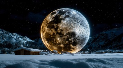 Enormous Moon Over Snowy Alpine Village at Night