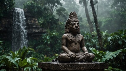 Obraz premium A stone statue of Chac, the Mayan rain god, adorned with a frog-like cape, with a rainforest and torrential rain in the backdrop