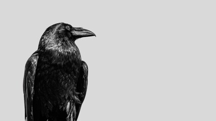 Black raven isolated on white background, crow cutout in empty backdrop