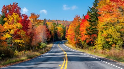 A scenic highway winding through vibrant autumn foliage in Vermont, USA, with colorful trees lining the road under a clear blue sky.