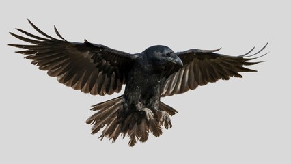 Black raven isolated on white background, crow cutout in empty backdrop
