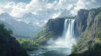 Fototapeta premium A serene landscape featuring a majestic waterfall surrounded by mountains and lush greenery.