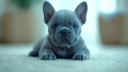Adorable small gray dog lounging on a cozy carpet a picture of canine comfort and relaxation