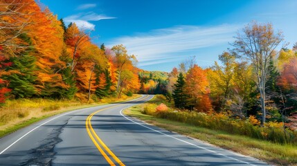 A scenic highway winding through vibrant autumn foliage in Vermont, USA, with colorful trees lining the road under a clear blue sky.