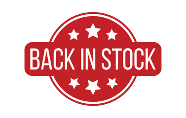 Red BACK IN STOCK Rubber Stamp Seal Vector illustration isolated on white background